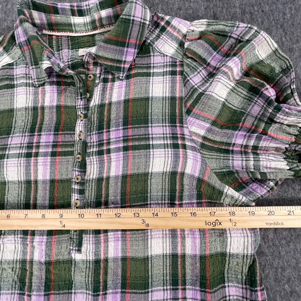 Anthropologie Pilcro Tallulah Puff-Sleeve Plaid Buttondown Top S Green Blouse - Picture 7 of 13